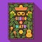 Fiesta postcard, cactus, sombrero, maraca, guitar