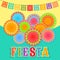 Fiesta postcard, paper fans, lace, decorative text