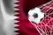 FIFA World Cup 2022, Qatar National flag with a soccer ball in net, Qatar 2022 Wallpaper, 3D work and 3D image. Yerevan, Armenia
