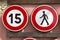Fifteen Speed Limit and Pedestrian Warning Sign