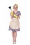 Fifties housewife with sink plunger, humorous concept, isolated