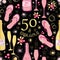 Fifty and fabulous seamless vector pattern background. Pink,gold and black backdrop with text, flip flop shoes