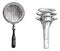 Fig. 994. Concave mirror for otoscopic examination, Fig. 995. Set of three speculums to practice otoscopy, vintage engraving
