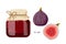Fig jam in glass jar and fresh figs. Canned fig fruits. Jam in jars. Homemade preparations and canning. Fruit