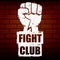 Fight club vector logo or label with grunge black man fist isolated on brick wall background. MMA Mixed martial arts