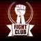 Fight club vector logo or label with grunge black man fist isolated on brick wall background. MMA Mixed martial arts