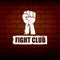 Fight club vector logo or label with grunge black man fist isolated on brick wall background. MMA Mixed martial arts