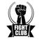 Fight club vector logo or label with grunge black man fist isolated on white background. MMA Mixed martial arts concept