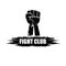 Fight club vector logo or label with grunge black man fist isolated on white background. MMA Mixed martial arts concept