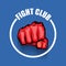 Fight club vector logo with red man fist isolated on blue background. MMA Mixed martial arts design template