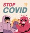 Fight with Coronavirus concept. Illustration of a doctor fighting with covid-19 corona virus. Disease campaign poster