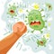 Fight covid-19 corona virus. Cure corona virus. A man punches a virus. People fight bacteria. Vector cartoon