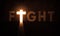Fight Cross Door Light In dark big Concrete Hall. Fight World Letters On Grungy wall with glowing Cross Light doorway.