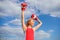 Fight for female rights. Girl leader promoting feminism. Woman boxing gloves raise hands blue sky background. Girl