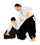 Fight between two aikido fighters  symbol illustration. Sparring on training action. Self defense, defence art excercise.