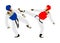 Fight between two taekwondo fighters  illustration isolated. Sparring on training action. Self defense skills exercising.