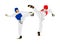 Fight between two taekwondo fighters  illustration isolated. Sparring on training action. Self defense skills exercising.