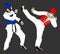 Fight between two taekwondo fighters vector illustration isolated. Sparring on training action. Self defense, defence art .