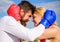 Fight for your happiness. Couple in love boxing gloves hug blue sky background. Man beard and girl cuddle happy after