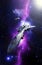 Fighter bomber spaceship and nebula starfield