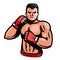 Fighter boxer with gloved fists isolated vector. Fight club, kickboxing, boxing, strength sport emblem or logo