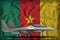 Fighter, interceptor on the Cameroon state flag background. 3d Illustration