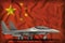 Fighter, interceptor on the China state flag background. 3d Illustration