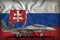 Fighter, interceptor with city camouflage on the Slovakia state flag background. 3d Illustration