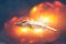 Fighter jet aircraft flying backdrop of a powerful explosion. War strike concept