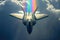 A fighter jet cuts through the vibrant colors of a rainbow filled sky, A rainbow reflecting off the sleek body of a modern fighter