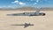 Fighter Jet, futuristic military airplane flying over a desert with mountains in the background, side view, 3D render