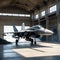 A fighter jet is parked in an abandoned building.
