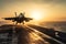 Fighter landing on aircraft carrier in sunset. AI Generative