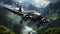 Fighter plane soaring through mountain range, showcasing military performance generated by AI