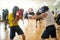 Fighters exercising with sparring partners