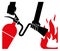 Fighting fire with extinguisher icon. Flame danger notice