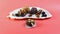 Figs, cheese with blue mildew, blackberries white plate isolated pink background, Flat lay, Copy space. Authentic lifestyle image.