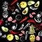 Figs, chili, pineapple, avocado, white outline fruit on a black background and in color