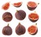 Figs isolated. Whole fresh ripe berry or fruit, half Fig and  cut slice set isolated on  white background with clipping path as