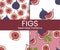 Figs seamless pattern collection. Fig fruit and leaves, simple minimalistic Natural sweets flat textured cartoon background.