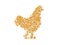 A figure of a chicken made with corn kernels on a white isolated background. Livestock feeds concept