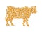 A figure of a cow made with corn kernels on a white isolated background. Livestock feeds concept