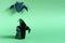 The figure of a dark ghost and a bat on a colored background is a place for text.