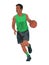 Figure of a dark-skinned basketball player in a blue jersey runs with a ball and dribbling