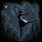 Figure of a delicate ballerina dancing among the starry sky. Dark background. Generative AI