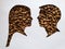 figure of a female and male human faces of profile with roasted coffee beans and white background