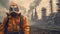 A figure in a hazmat suit with a gas mask stands before an industrial backdrop of towering smokestacks emitting plumes of smoke.