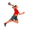 Figure of jumping Asian women\\\'s handball girl player in a red shirt who flies in a jump and throws the ball at the