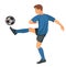 Figure of a playing football boy in profile in a blue shirt hitting the ball