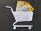 figure of a shopping cart on white paper and swiss money